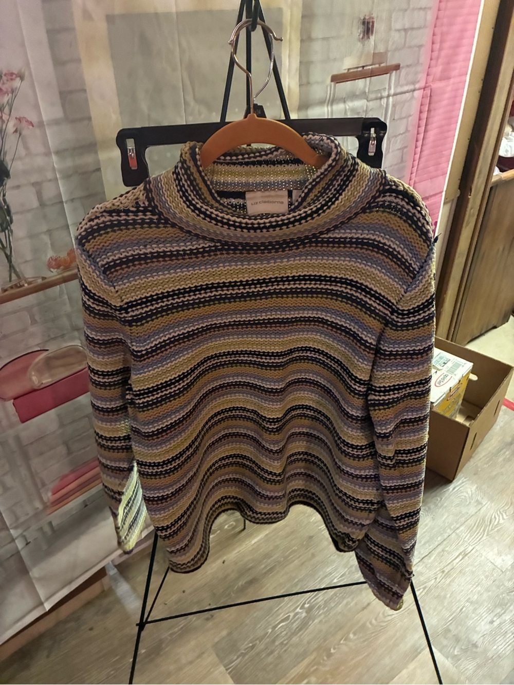 Liz Claiborne Striped Cowl Neck Sweater in Cream, Black, Purple, Yellow
